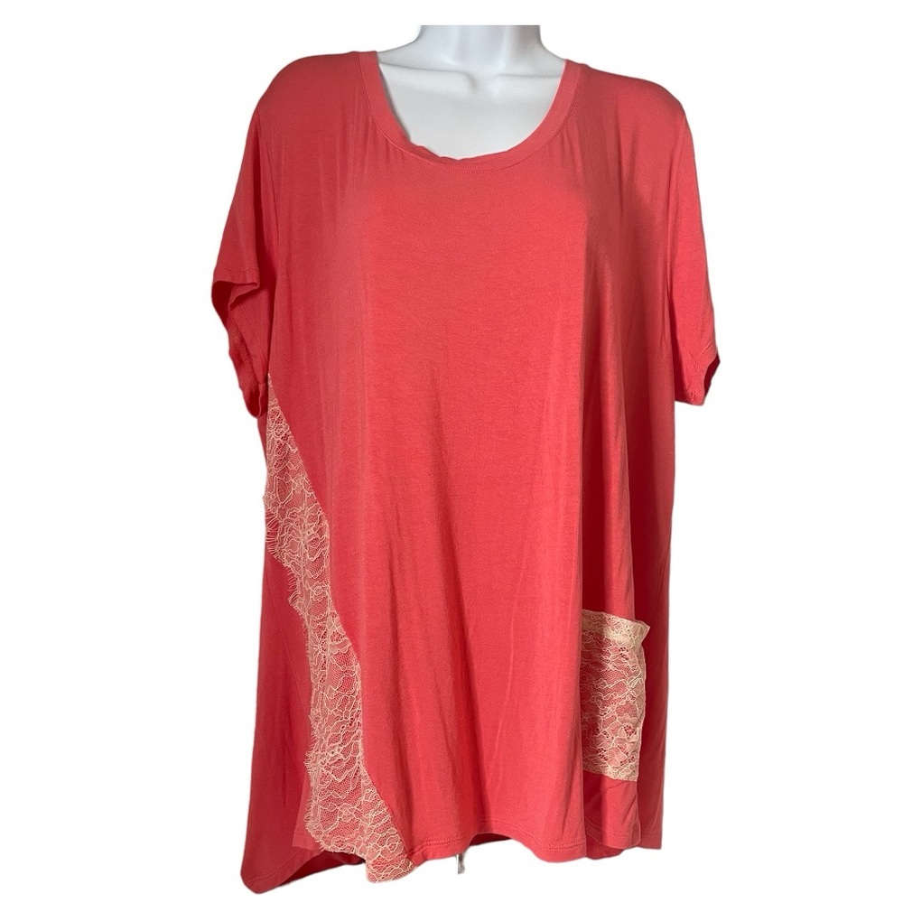 Logo Lori Goldstein Coral Tunic Lace Pocket and Panel Short Sleeve Sz XL
